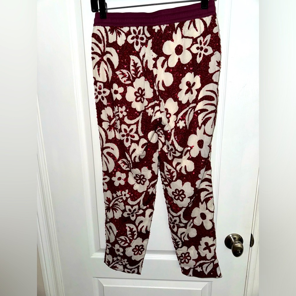 J.Crew Burgundy Sequined Hawaiian Drawstring Pants Size 2